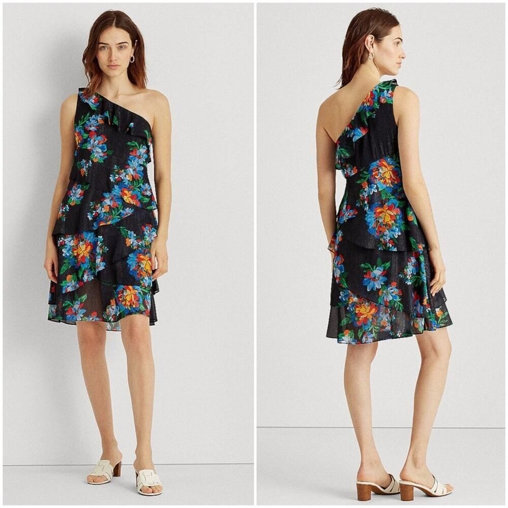 Black Label Lauren Ralph Lauren Floral Metallic Georgette Dress